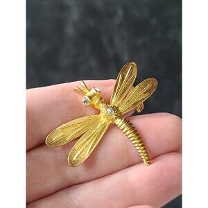 Dragonfly Rhinestone Gold Tone Metal Brooch Vintage Costume Jewelry